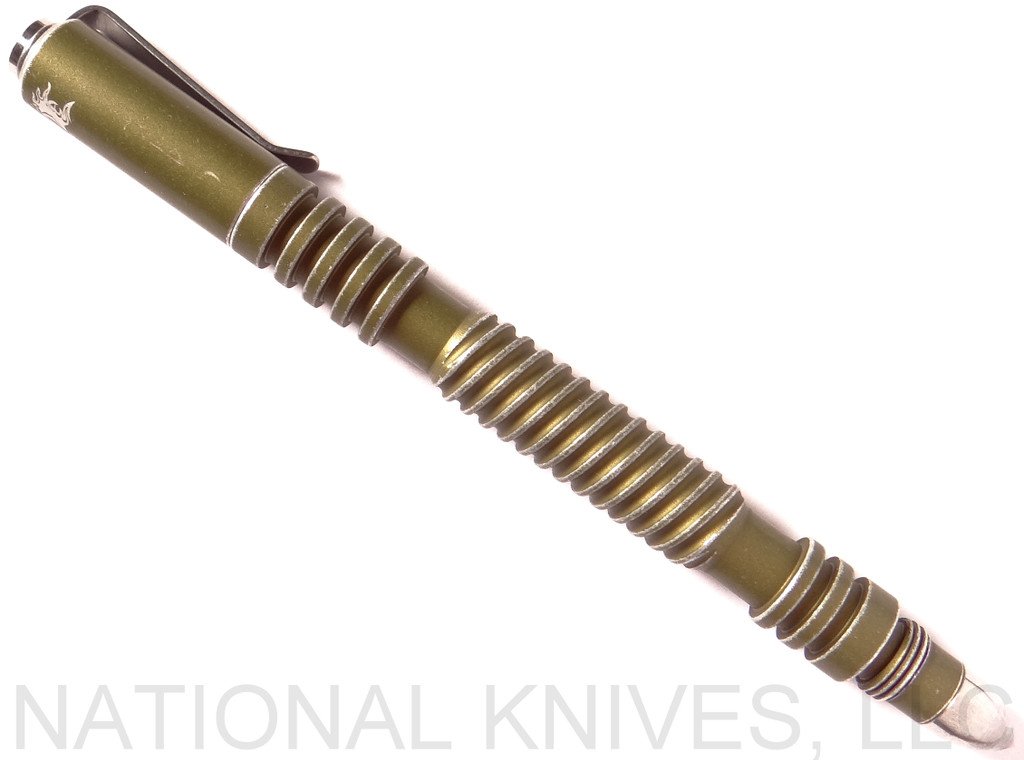 Rick Hinderer Knives Investigator ink pen - shown with cap on.  Spiral Battled OD Green aluminum construction.  Model P58012H4ODB.
