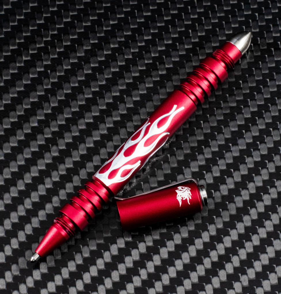 Rick Hinderer Knives Investigator ink pen - shown with cap off.  Flames matte red aluminum construction.  Model P5801FA4RDA.

