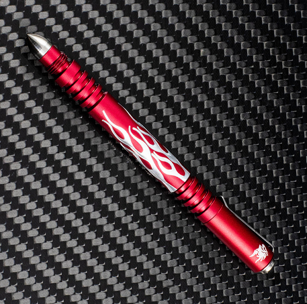 Rick Hinderer Knives Investigator ink pen - shown with cap on.  Flames matte red aluminum construction.  Model P5801FA4RDA.

