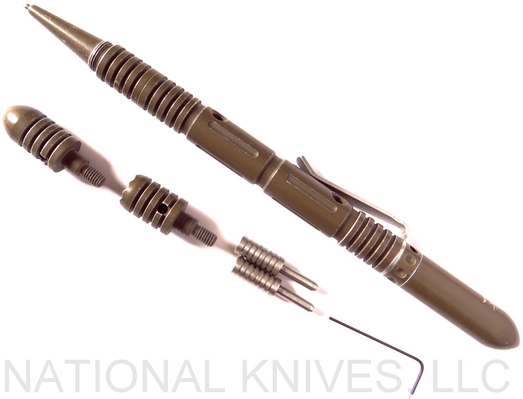 Rick Hinderer Knives Modular Kubaton Deluxe Pen Set - shown with parts laying next to each other.  Battle Flat Dark Earth (FDE) aluminum construction.  Model P5804004DL.
For reference only.