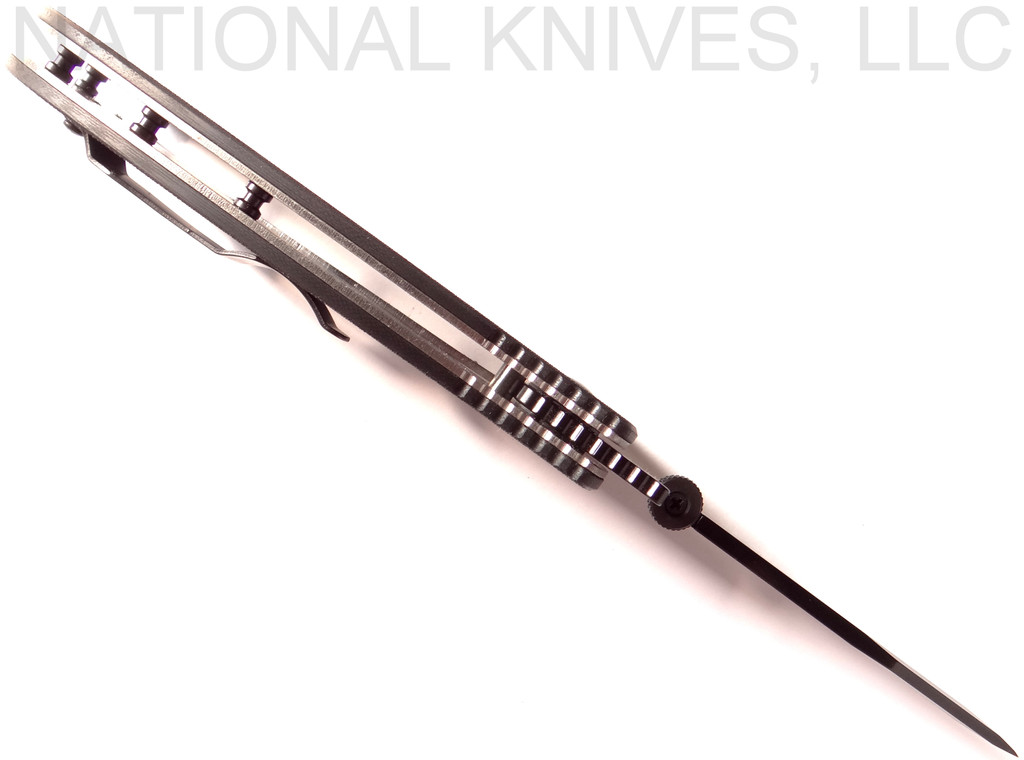 Emerson Knives Tiger BTS folding knife with thumb disk and Emerson Wave opener - shown open top view.  Black 154CM stainless steel combo edge blade.  Black G-10 handle.  Model TIGER-BTS.