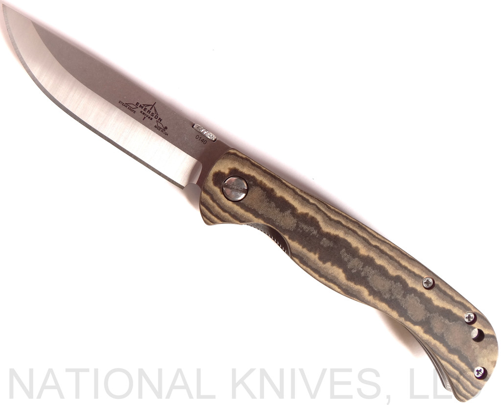 Emerson Knives Folding Steak Knife SF folding knife with thumb disk - shown open presentation side.  Satin 154CM stainless steel plain edge blade.  Maple Richlite handle.  Model FSK-SF.