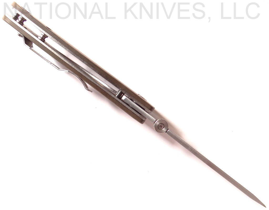 Emerson Knives Folding Steak Knife SF folding knife with thumb disk - shown open top view.  Satin 154CM stainless steel plain edge blade.  Maple Richlite handle.  Model FSK-SF.