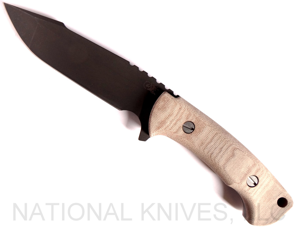 Rick Hinderer Knives The Ranch Harpoon Spanto fixed blade knife - shown out of sheath reverse.  Battle Black 3V steel plain edge blade.  Natural Micarta handle.  Model K605R2SMDB. 
