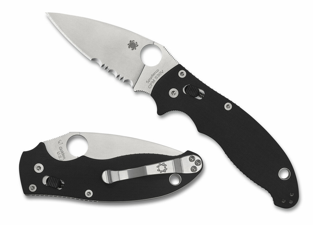 Spyderco Manix 2 folding knife with thumb hole - shown both open presentation side and closed pocket clip side.  S30V stainless steel combo edge blade.  Black G-10 handle.  Model C101GPS2.