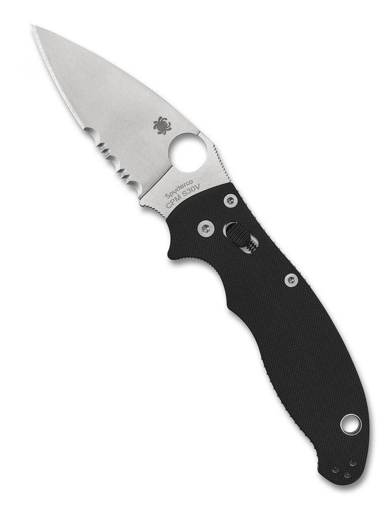 Spyderco Manix 2 folding knife with thumb hole - shown open presentation side.  S30V stainless steel combo edge blade.  Black G-10 handle.  Model C101GPS2.