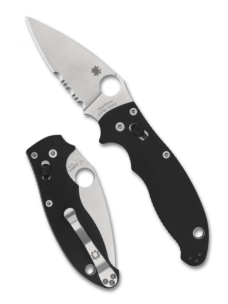 Spyderco Manix 2 folding knife with thumb hole - shown both open presentation side and closed pocket clip side.  S30V stainless steel combo edge blade.  Black G-10 handle.  Model C101GPS2.