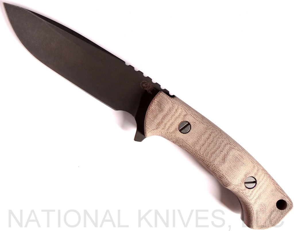 Rick Hinderer Knives The Ranch Drop Point fixed blade knife - shown out of sheath reverse.  Battle Black 3V steel plain edge blade.  Natural Micarta handle.  Model K605R35MDB. 