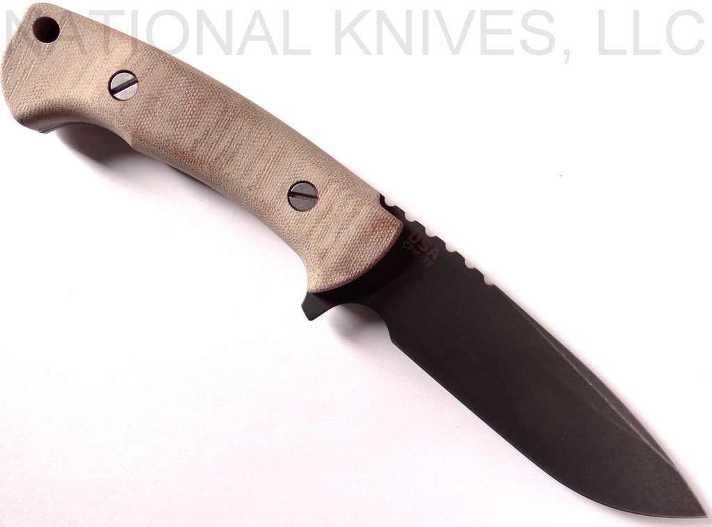 Rick Hinderer Knives The Ranch Drop Point fixed blade knife - shown out of sheath obverse.  Battle Black 3V steel plain edge blade.  Natural Micarta handle.  Model K605R35MDB. 