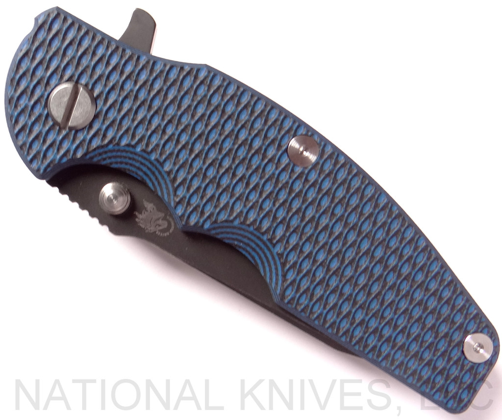 REFERENCE ONLY - Rick Hinderer Knives Jurassic Slicer Folding Knife, Battle Black 3.25" Plain Edge 20CV Blade. Battle Black Lock Side, Blue - Black G-10 Handle