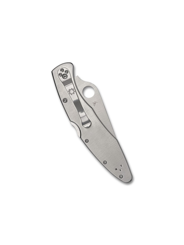 Spyderco Police folding knife with thumb hole - shown closed pocket clip side.  Satin VG-10 stainless steel plain edge blade.  Stainless steel handle.  Model C07P.