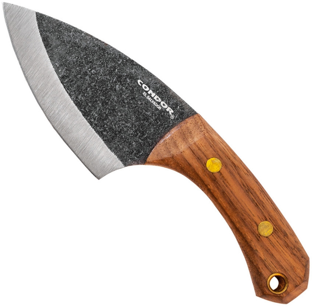 Condor Tool and Knife Pangui fixed blade knife - shown out of sheath reverse.  1095 HC steel plain edge blade.  Wood handle.  Model CTK802-3.26HC.