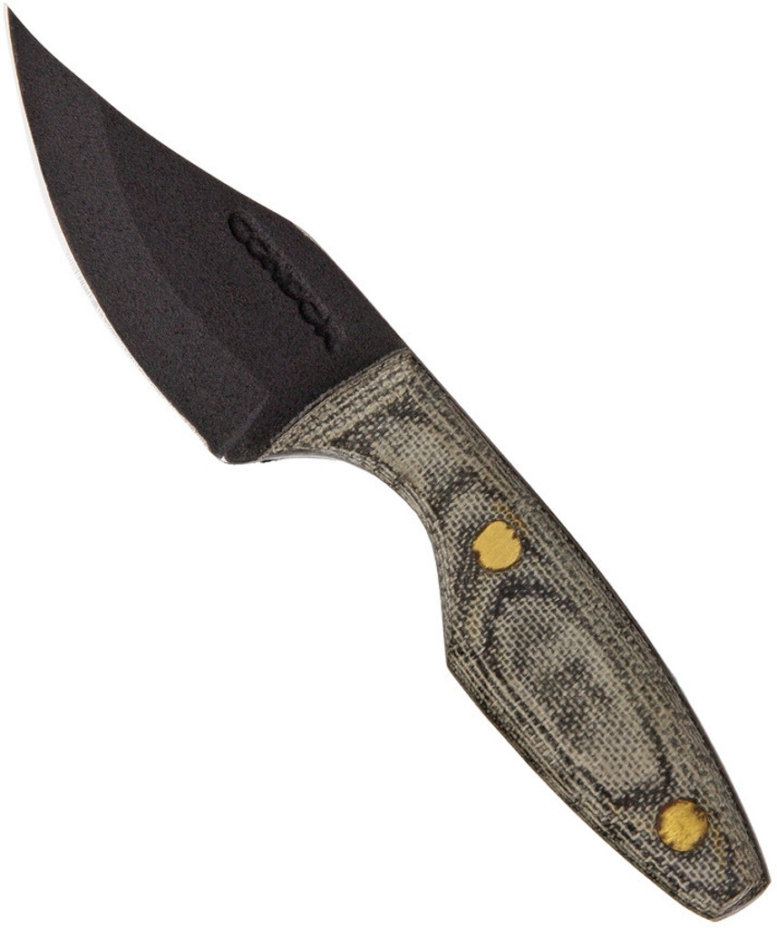 Condor Tool and Knife Bombus fixed blade neck knife - shown out of sheath reverse.  1075 steel plain edge blade.  Micarta handle.  Model CTK302HC-5.
For reference only.