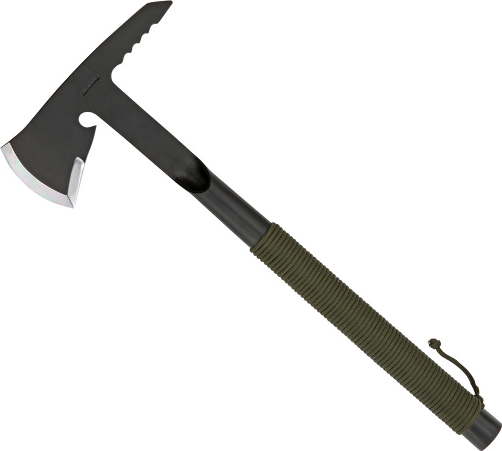 Condor Tool and Knife Tactical Rescue tomahawk - shown out of sheath reverse.  1075 steel plain edge head.  Olive Drab cord wrapped handle.  Model CTK4012TRT.
For reference only.
