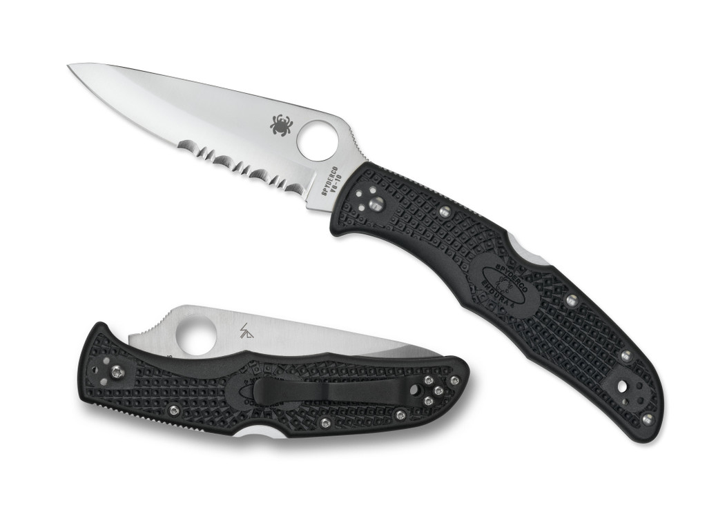 Spyderco Endura 4 folding knife with thumb hole - shown open presentation side and closed pocket clip side.  Satin VG-10 stainless steel combo edge blade.  Black FRN handle.  Model C10PSBK.

