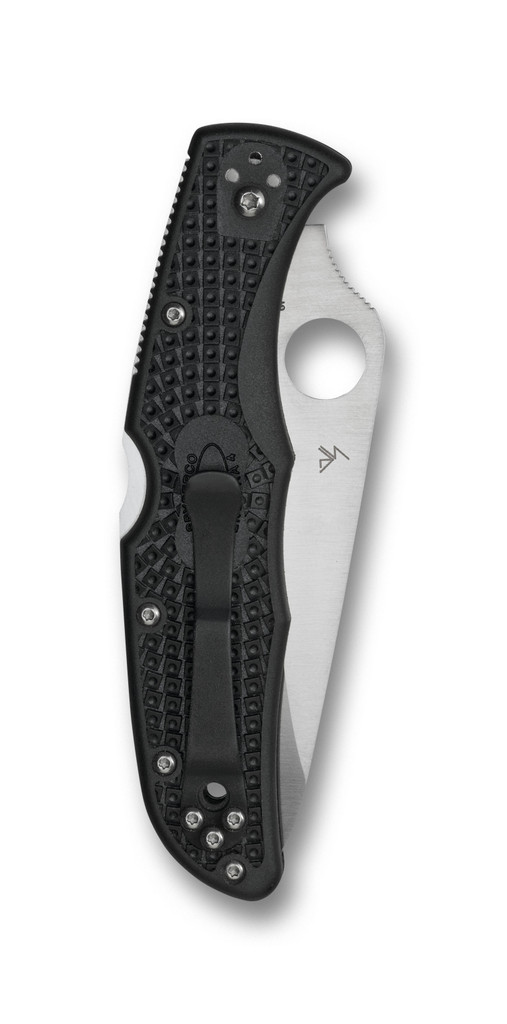 Spyderco Endura 4 folding knife with thumb hole - shown closed pocket clip side.  Satin VG-10 stainless steel combo edge blade.  Black FRN handle.  Model C10PSBK.

