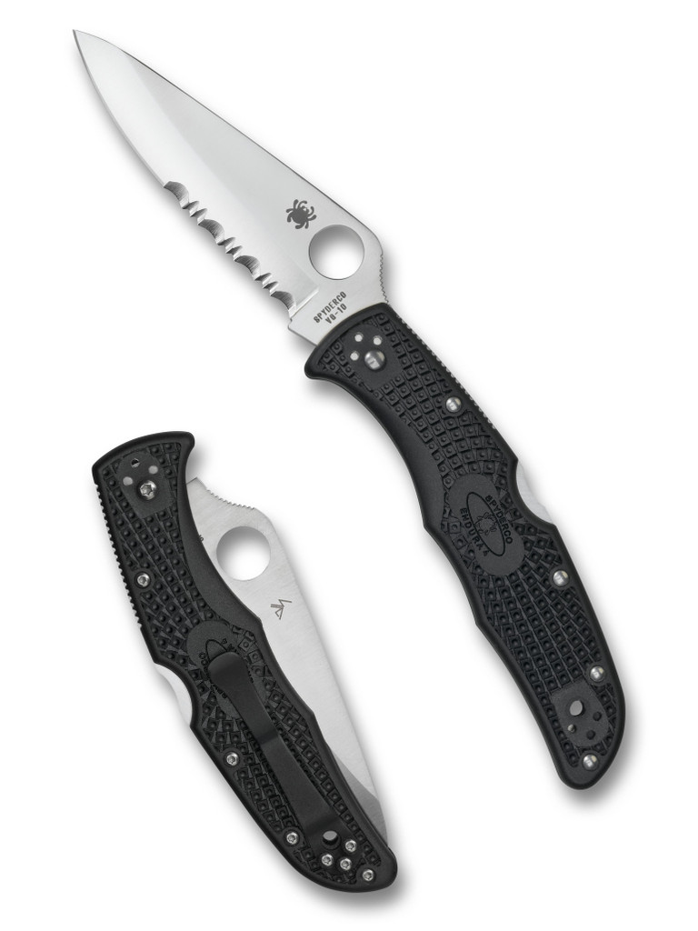 Spyderco Endura 4 folding knife with thumb hole - shown open presentation side and closed pocket clip side.  Satin VG-10 stainless steel combo edge blade.  Black FRN handle.  Model C10PSBK.