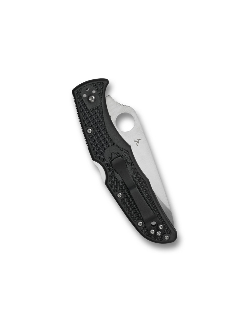 Spyderco Endura 4 folding knife with thumb hole - shown closed pocket clip side.  Satin VG-10 stainless steel combo edge blade.  Black FRN handle.  Model C10PSBK.