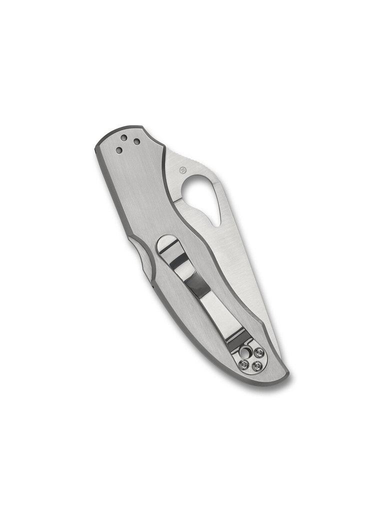 Byrd Harrier 2 folding knife with thumb slot - shown closed pocket clip side.  Satin 8Cr13MoV stainless steel plain edge blade.  Stainless steel handle.  Model BY01P2.