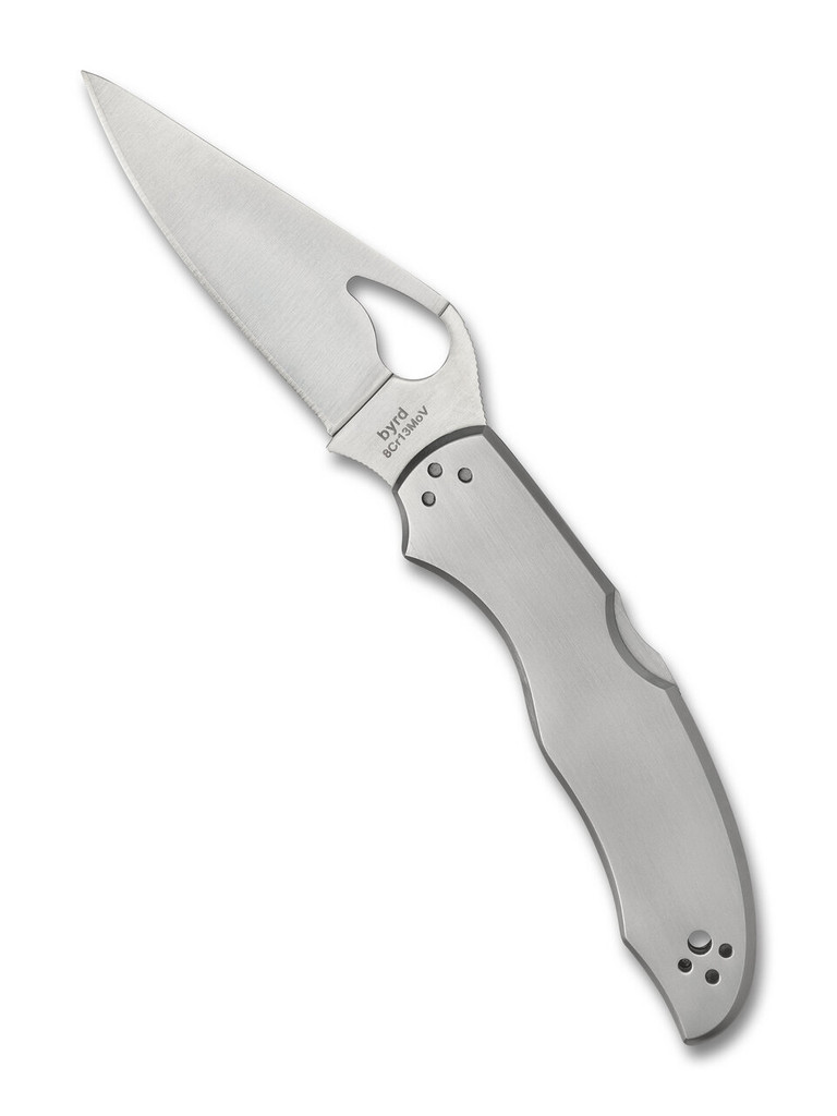 Byrd Harrier 2 folding knife with thumb slot - shown open presentation side.  Satin 8Cr13MoV stainless steel plain edge blade.  Stainless steel handle.  Model BY01P2.