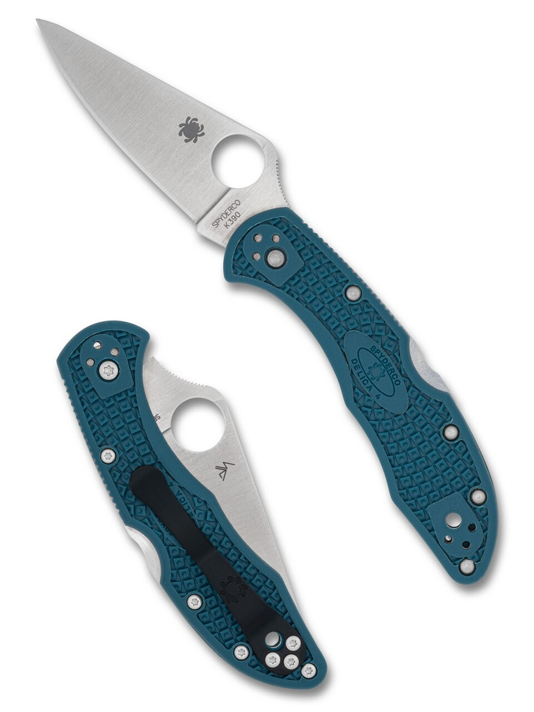 Spyderco Delica 4 folding knife with thumb hole - shown open presentation side and closed pocket clip side.  Satin K390 steel plain edge blade.  Blue FRN handle.  Model C11FPK390.

