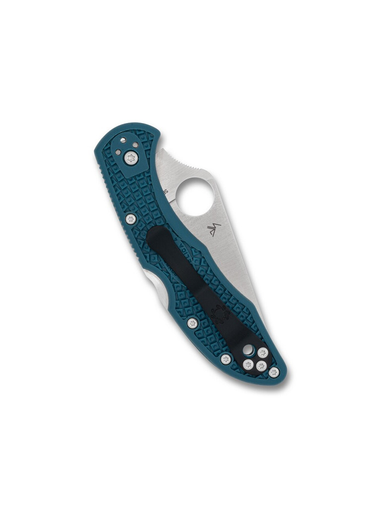 Spyderco Delica 4 folding knife with thumb hole - shown closed pocket clip side.  Satin K390 steel plain edge blade.  Blue FRN handle.  Model C11FPK390.