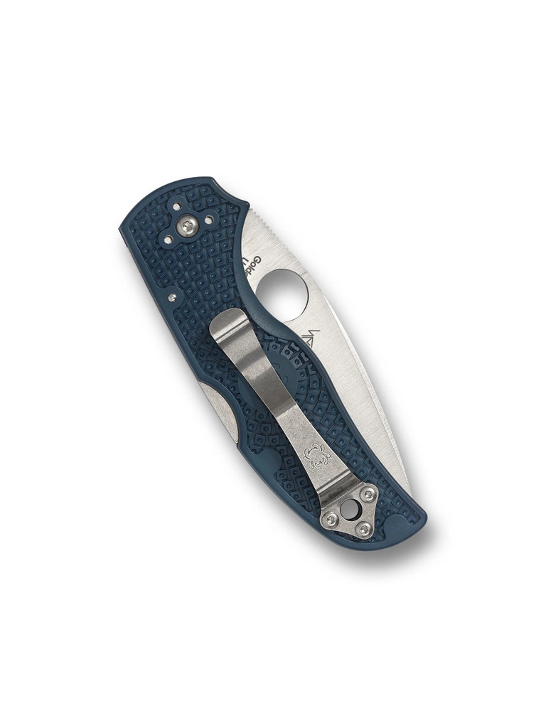 Spyderco Native 5 folding knife with thumb hole - shown closed pocket clip side.  Satin SPY27 stainless steel plain edge blade.  Cobalt Blue FRN handle.  Model C41PCBL5.