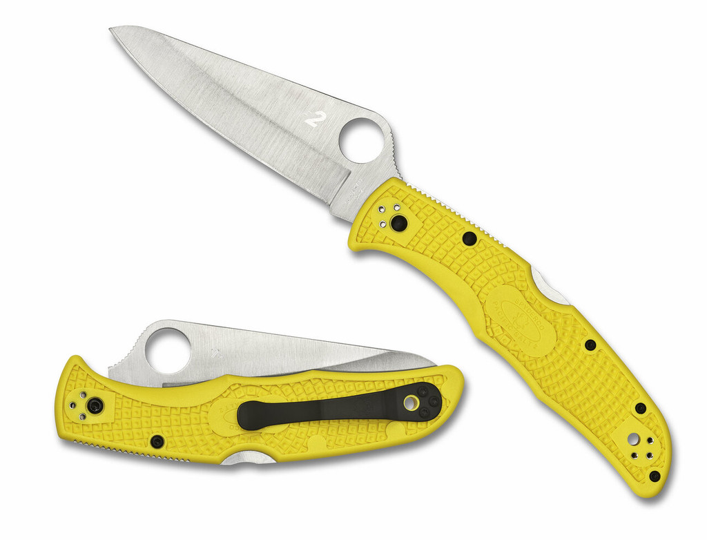 Spyderco Pacific Salt 2 folding knife with thumb hole - shown open presentation side and closed pocket clip side.  Satin H-2 stainless steel plain edge blade.  Yellow FRN handle.  Model C91PYL2.