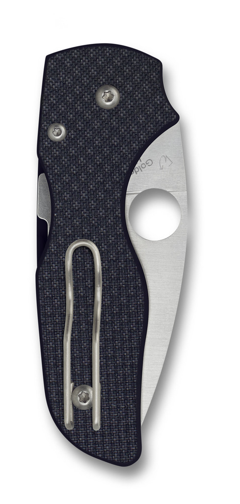 Spyderco Lil' Native Sprint Run folding knife with thumb hole - shown closed pocket clip side.  Satin S90V stainless steel plain edge blade.  Black carbon fiber handle.  Model C230CF90VP.
For reference only.