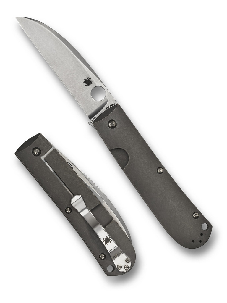 Spyderco Swayback folding knife with thumb hole - shown open presentation side and closed pocket clip side.  Satin CTS-XHP stainless steel plain edge blade.  Titanium handle.  Model C249TIP.