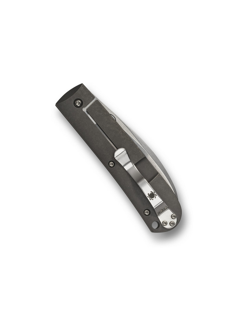 Spyderco Swayback folding knife with thumb hole - shown closed pocket clip side.  Satin CTS-XHP stainless steel plain edge blade.  Titanium handle.  Model C249TIP.