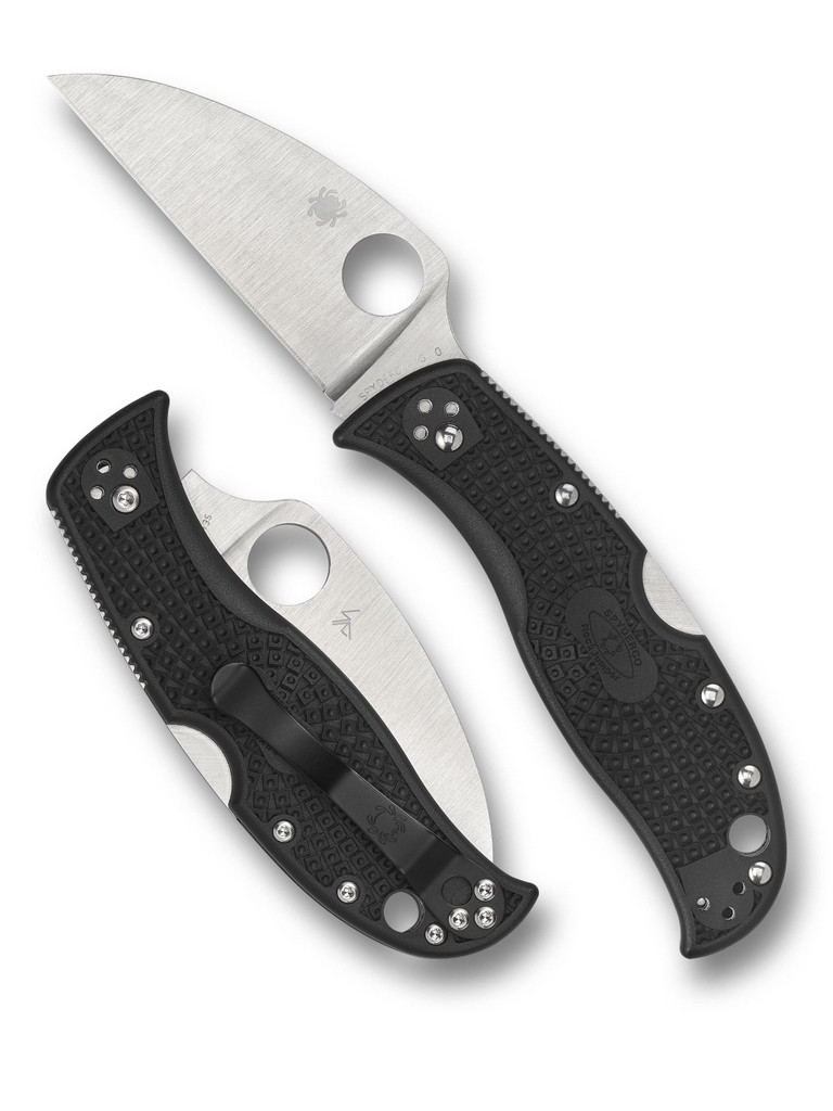 Spyderco Rockjumper folding knife with thumb hole - shown open presentation side and closed pocket clip side.  Satin VG-10 stainless steel plain edge blade.  Black FRN handle.  Model C254PBK.
For reference only.