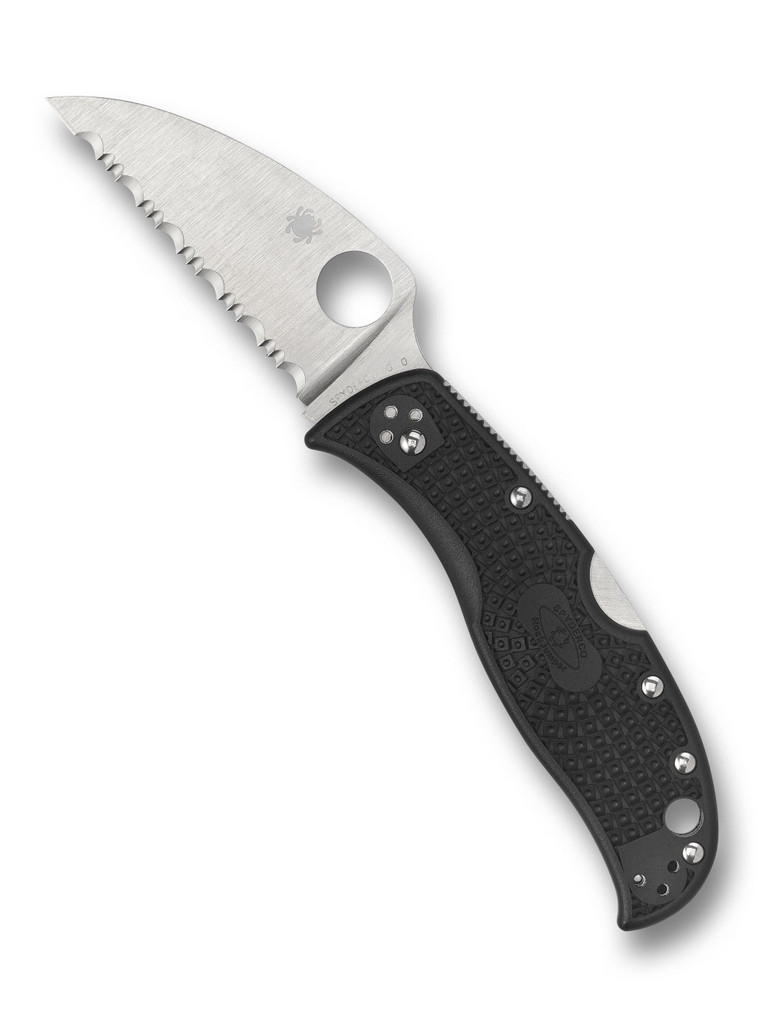 Spyderco Rockjumper folding knife with thumb hole - shown open presentation side.  Satin VG-10 stainless steel serrated edge blade.  Black FRN handle.  Model C254SBK.
For reference only.