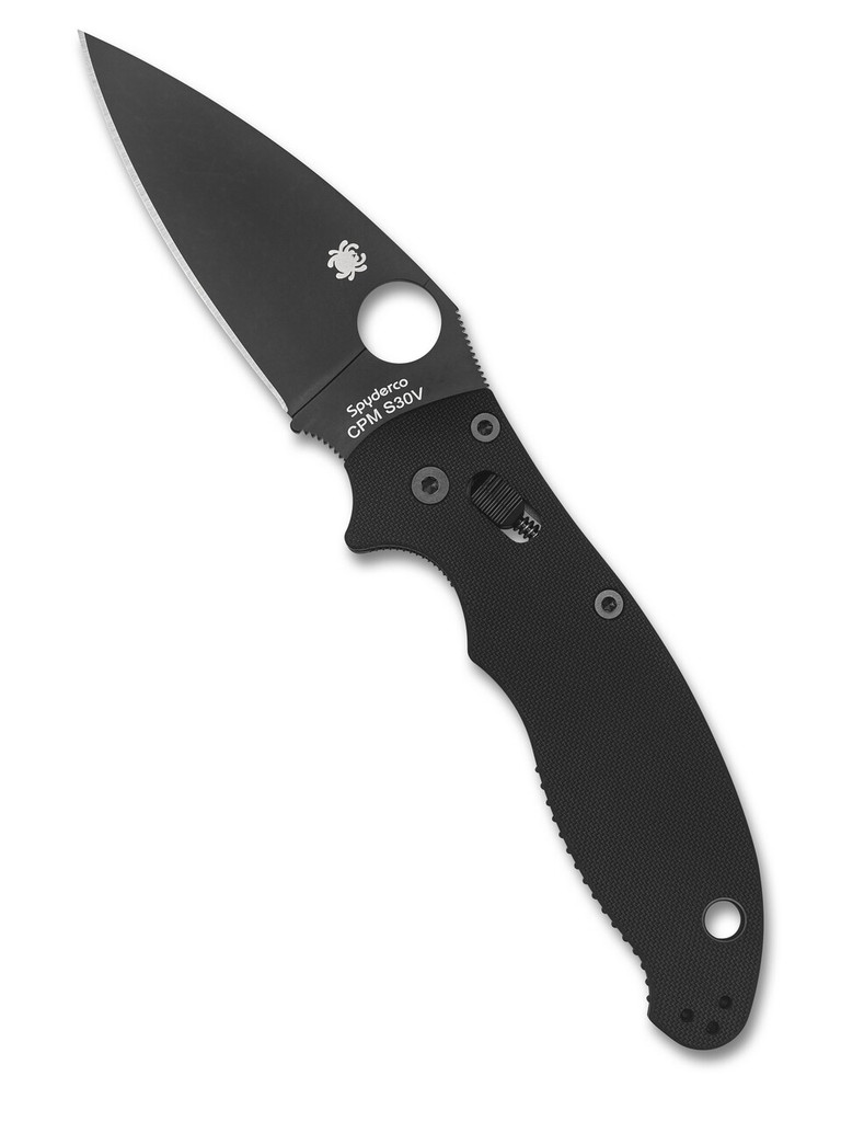 Spyderco Manix 2 folding knife with thumb hole - shown open presentation side.  Black S30V stainless steel plain edge blade.  Black G-10 handle.  Model C101GPBBK2.