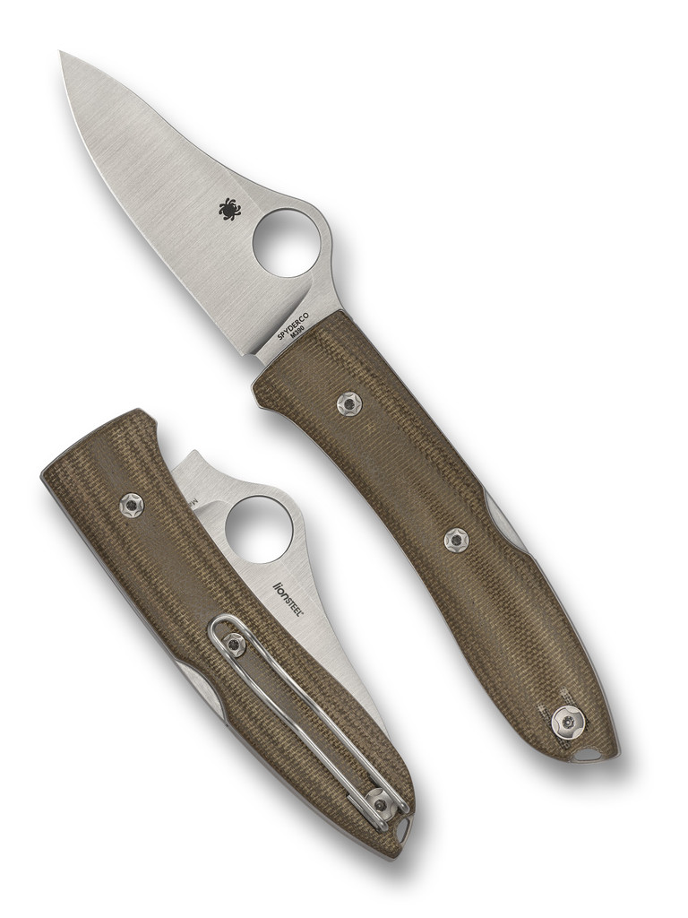 Spyderco SpyOpera folding knife with thumb hole - shown open presentation side and closed pocket clip side.  Satin M390 stainless steel plain edge blade.  Brown Canvas Micarta handle.  Model C255CMP.