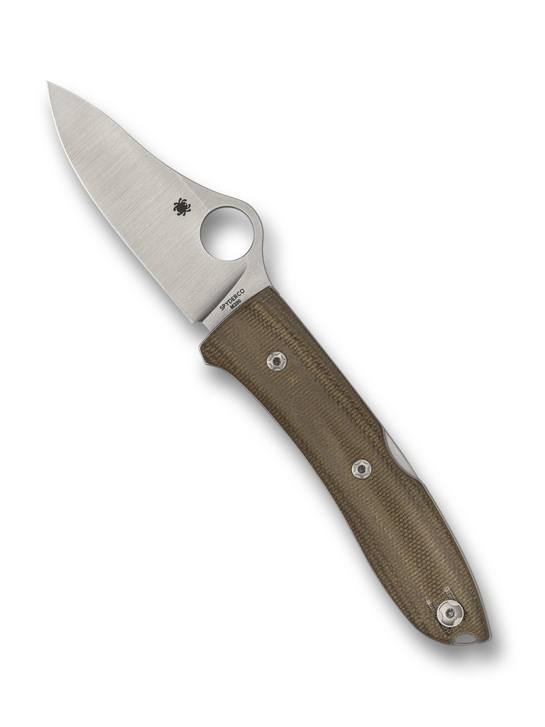 Spyderco SpyOpera folding knife with thumb hole - shown open presentation side.  Satin M390 stainless steel plain edge blade.  Brown Canvas Micarta handle.  Model C255CMP.