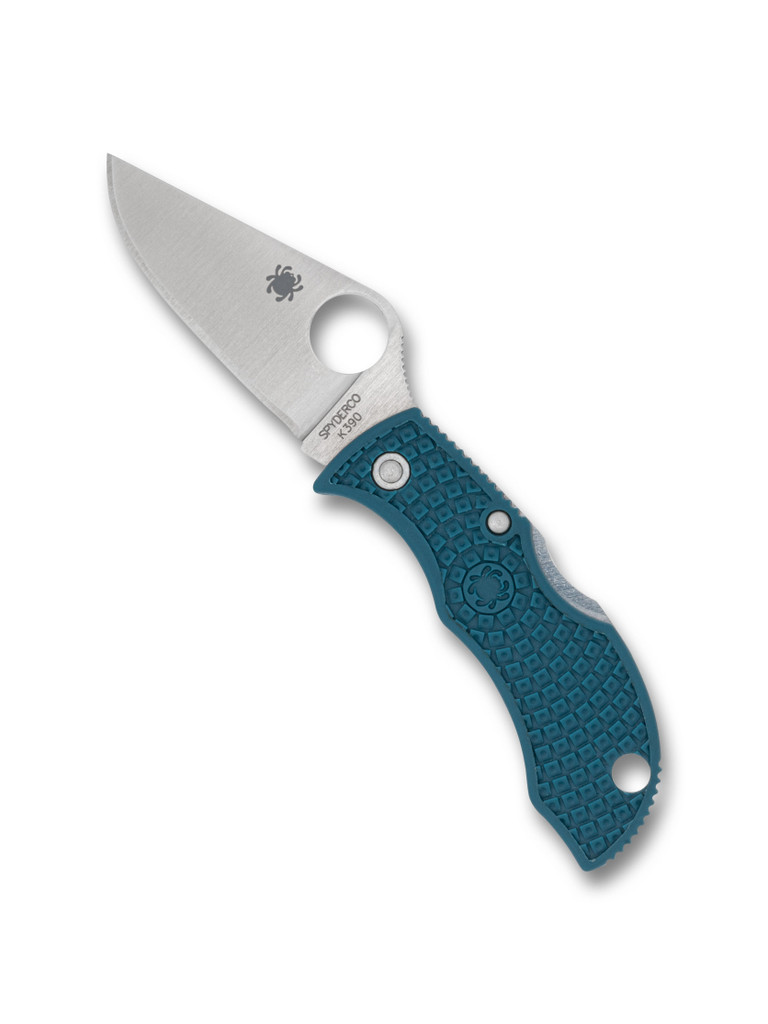 Spyderco Manbug folding knife with thumb hole - shown open obverse.  Satin K390 steel plain edge blade.  Blue FRN handle.  Model MFPK390.