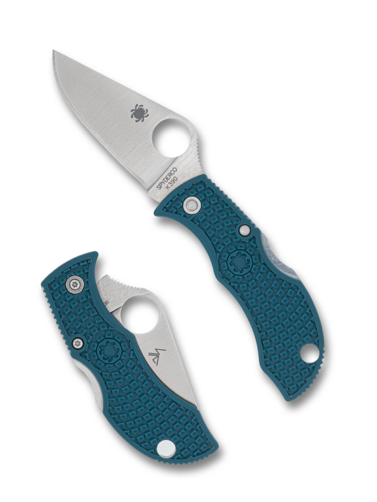 Spyderco Manbug folding knife with thumb hole - shown open obverse and closed reverse.  Satin K390 steel plain edge blade.  Blue FRN handle.  Model MFPK390.