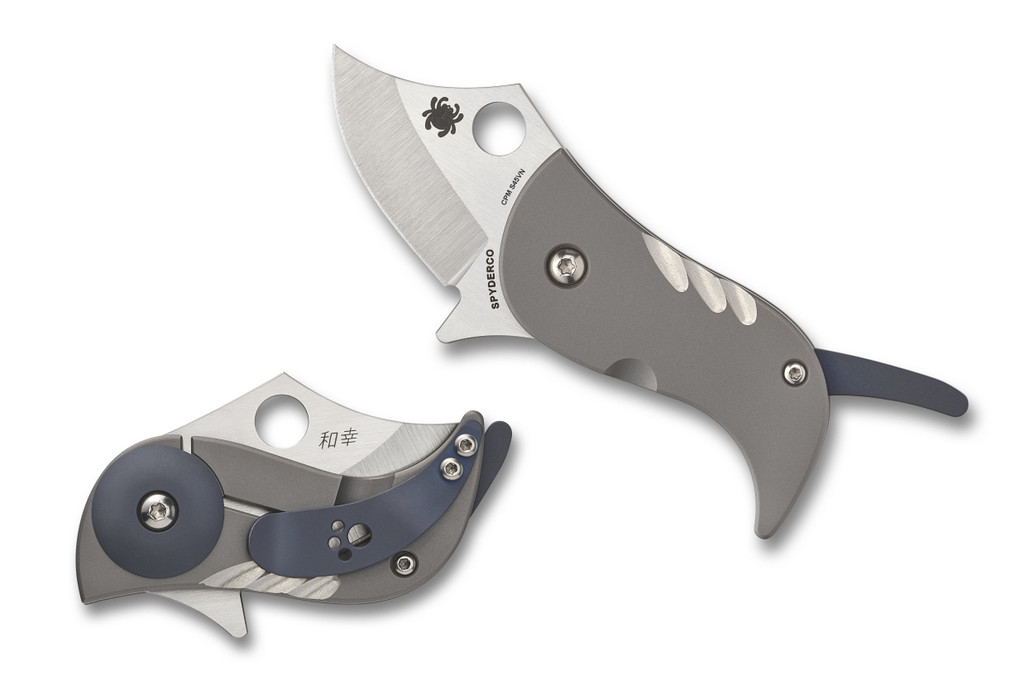 Spyderco Pochi folding knife with thumb hole - shown open presentation side and closed pocket clip side.  Satin S45VN stainless steel plain edge blade.  Titanium handle.  Model C256TIP.