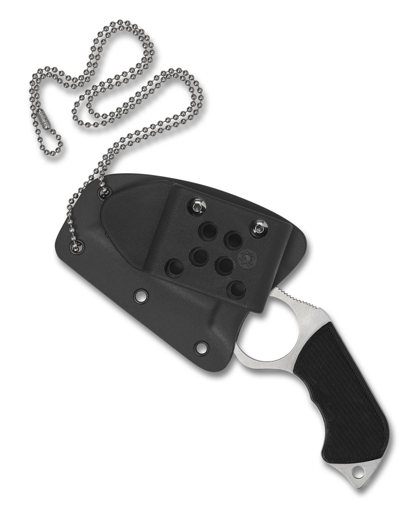 Spyderco Swick 5 Large fixed blade knife - shown in sheath obverse.  Satin LC200N stainless steel plain edge blade.  Black G-10 handle.  Model FB14P5.