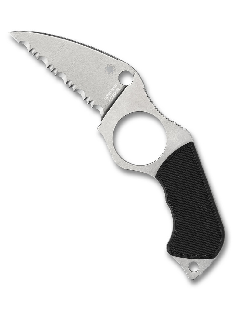 Spyderco Swick 5 Large fixed blade knife - shown out of sheath obverse.  Satin LC200N stainless steel serrated edge blade.  Black G-10 handle.  Model FB14S5.
