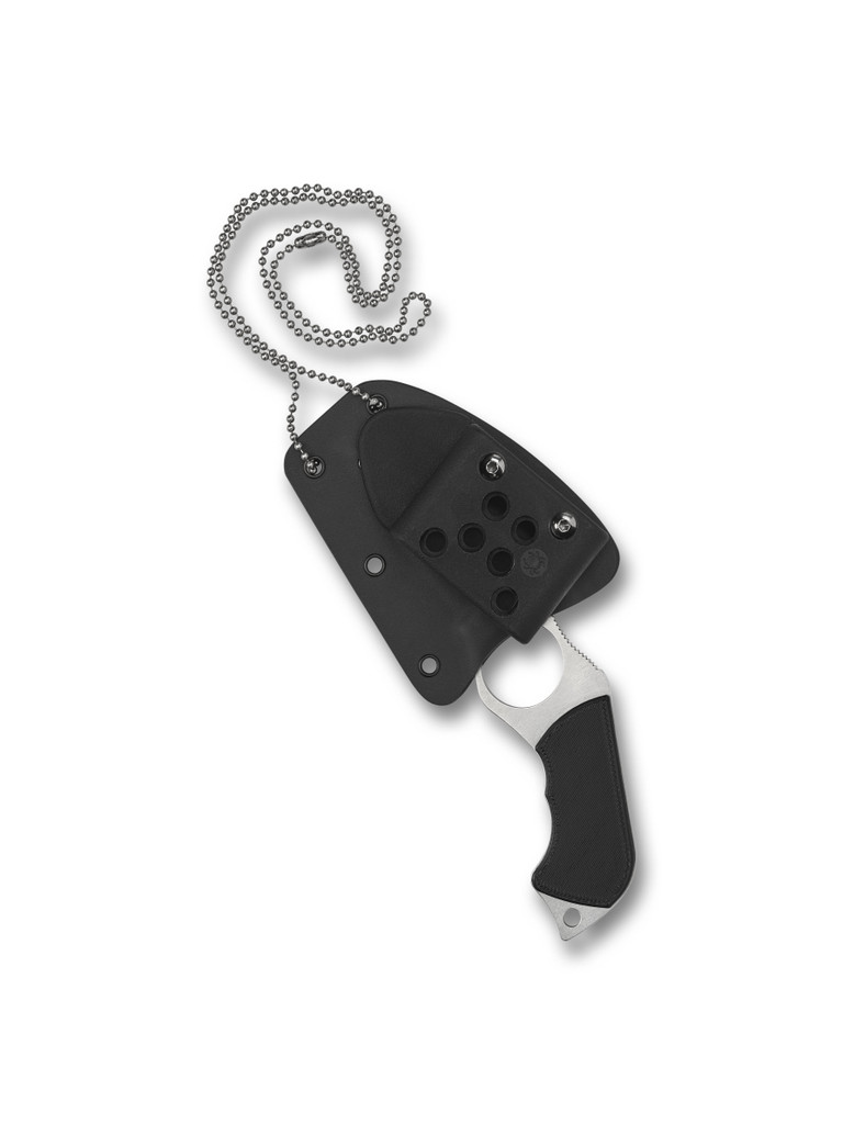 Spyderco Swick 6 Small fixed blade knife - shown in sheath obverse.  Satin LC200N stainless steel plain edge blade.  Black G-10 handle.  Model FB14P6.