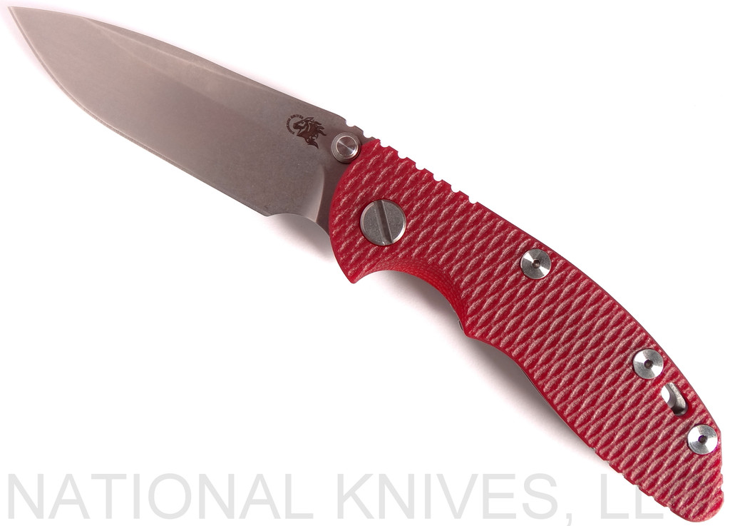Rick Hinderer Knives XM-18 3.0" Spear Point Non Flipper folding knife with thumb studs - shown open presentation side.  Stonewash 20CV stainless steel plain edge blade.  Red G-10 handle with stonewash lock side.  Model K10813SGS00.