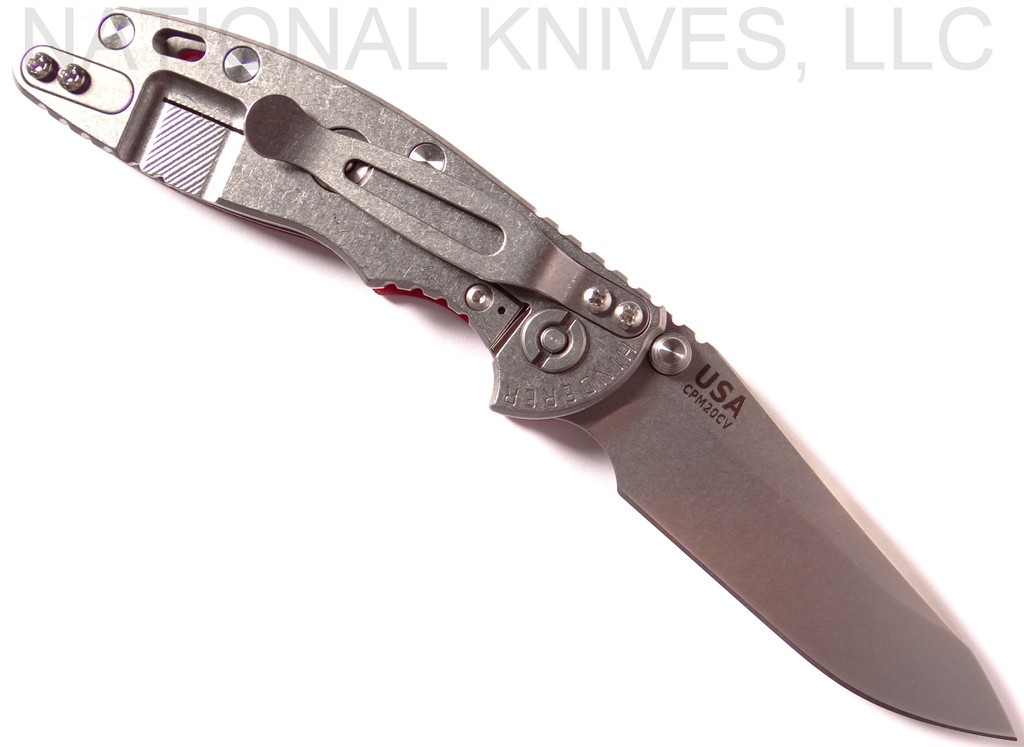 Rick Hinderer Knives XM-18 3.0" Spear Point Non Flipper folding knife with thumb studs - shown open lock side.  Stonewash 20CV stainless steel plain edge blade.  Red G-10 handle with stonewash lock side.  Model K10813SGS00.