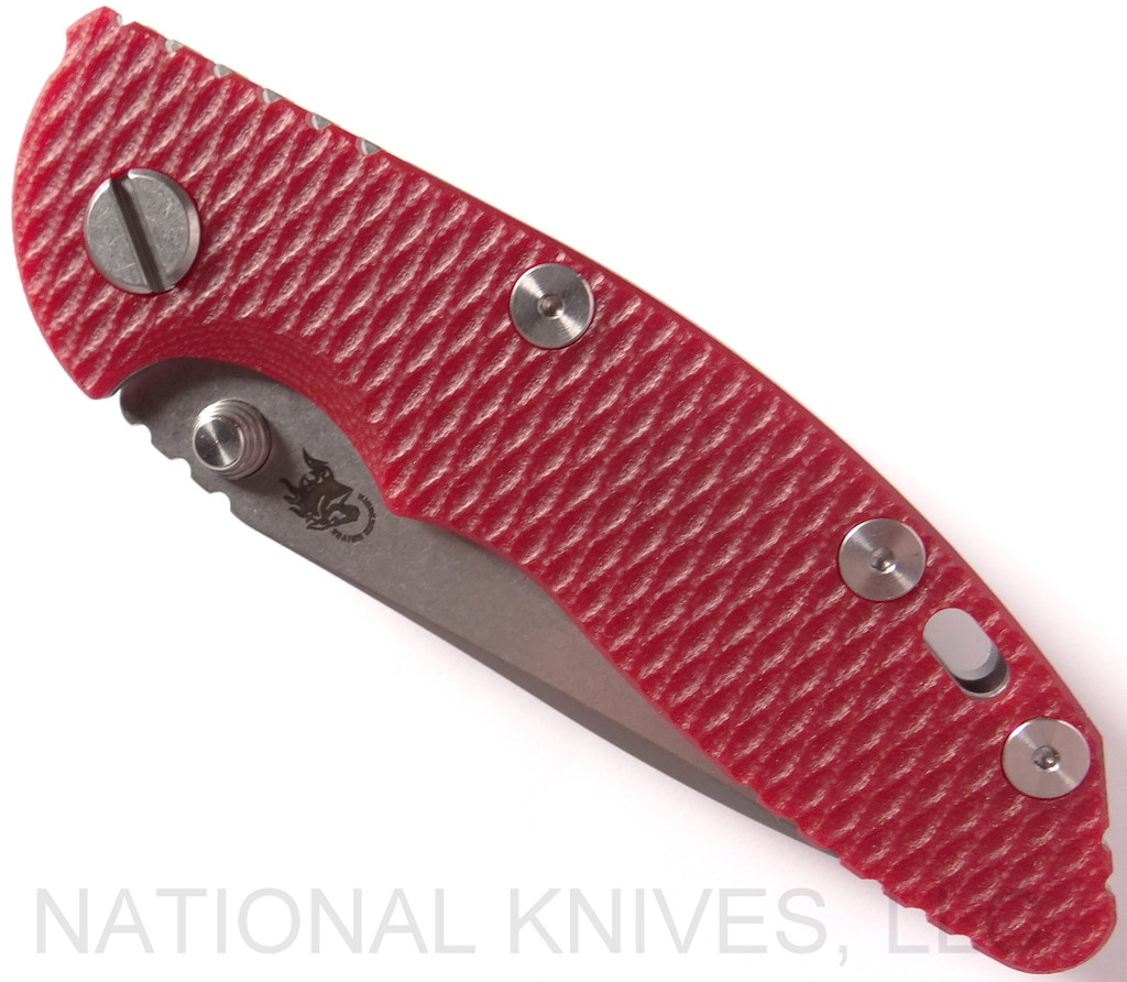 Rick Hinderer Knives XM-18 3.0" Spear Point Non Flipper folding knife with thumb studs - shown closed presentation side.  Stonewash 20CV stainless steel plain edge blade.  Red G-10 handle with stonewash lock side.  Model K10813SGS00.