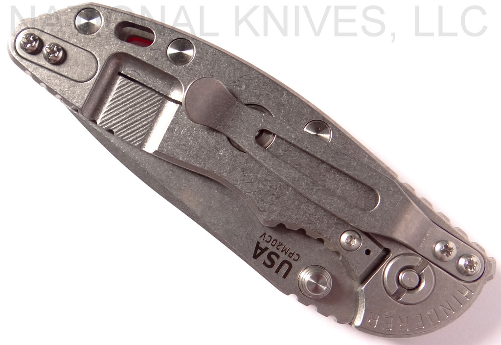 Rick Hinderer Knives XM-18 3.0" Spear Point Non Flipper folding knife with thumb studs - shown closed lock side.  Stonewash 20CV stainless steel plain edge blade.  Red G-10 handle with stonewash lock side.  Model K10813SGS00.