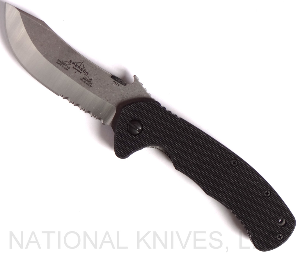 Emerson Knives Rendezvous SFS folding knife with thumb stud and Emerson Wave opener - shown open presentation side.  Satin 154CM stainless steel combo edge blade.  Black G-10 handle.  Model REND-SFS.