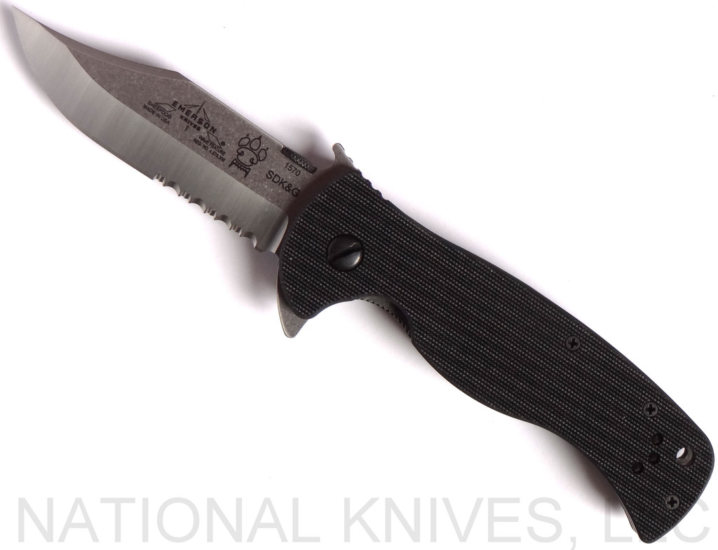 Emerson Knives Sheepdog Bowie SFS folding knife with thumb disk, flipper tab, and Emerson Wave opener - shown open presentation side.  Satin 154CM stainless steel combo edge blade.  Black G-10 handle.  Model SHEEPDOG-BOWIE-SFS.