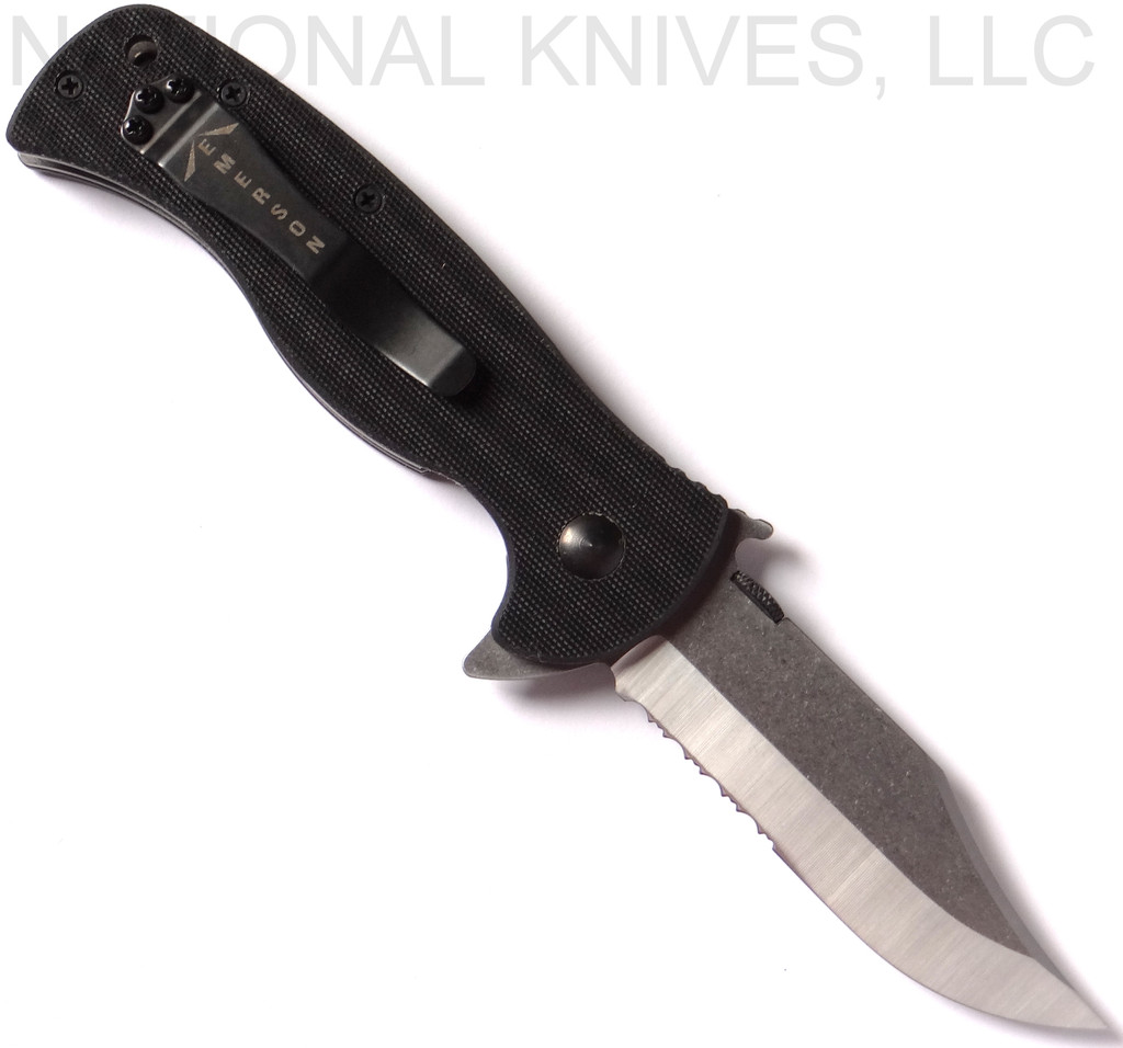 Emerson Knives Sheepdog Bowie SFS folding knife with thumb disk, flipper tab, and Emerson Wave opener - shown open pocket clip side.  Satin 154CM stainless steel combo edge blade.  Black G-10 handle.  Model SHEEPDOG-BOWIE-SFS.
