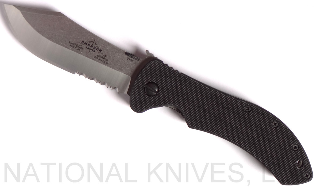 Emerson Knives Market Skinner SFS folding knife with thumb disk and Emerson Wave opener - shown open presentation side.  Satin 154CM stainless steel combo edge blade.  Black G-10 handle.  Model MS-SFS.